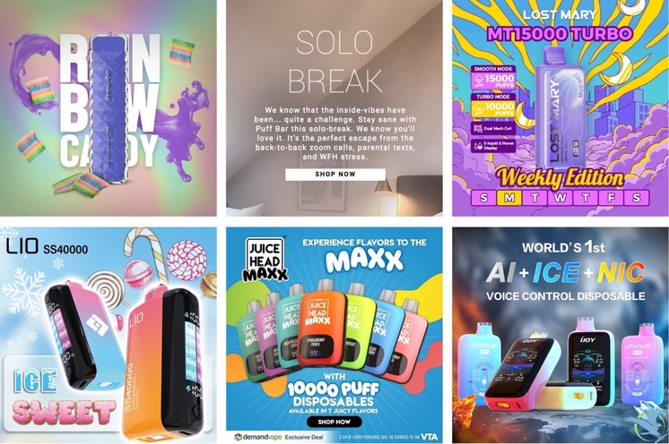 Grid of youth-appealing e-cigarette ads