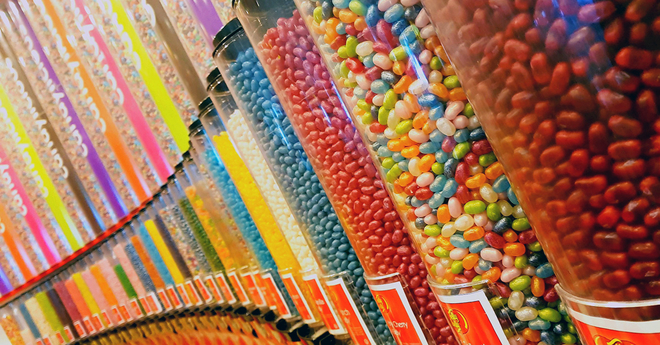 Stacks of different flavored jelly beans