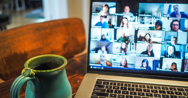 remote college session on laptop with coffee