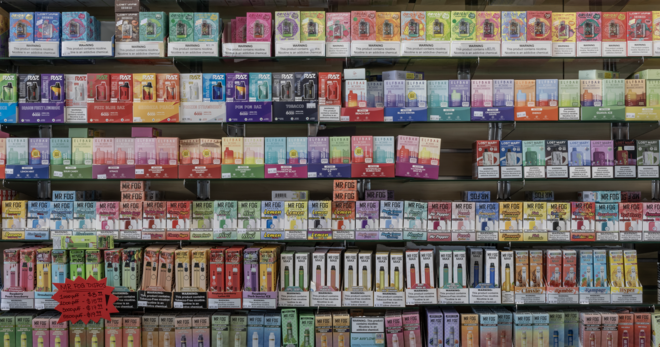 An image of a powerwall of illegal e-cigarettes
