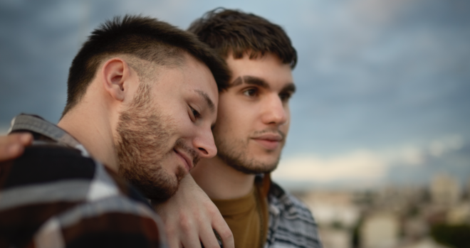 White male couple outdoor portrait