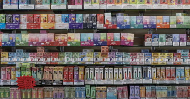 A wall of e-cigarette products in a vape store