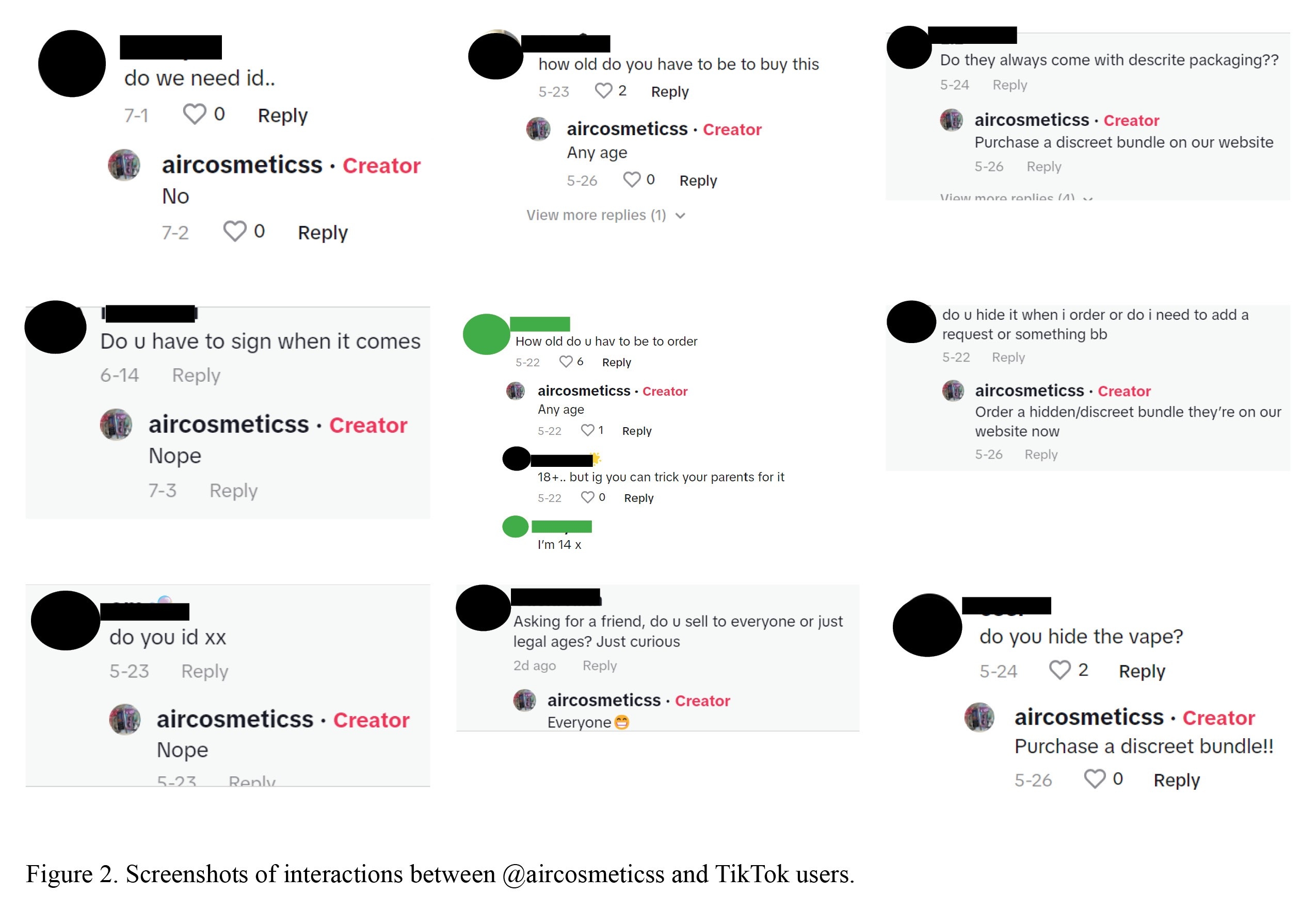 Screenshots of discreet shipping vapes on TikTok